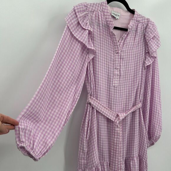 FRNCH Paris Purple White Check Gingham Ruffle Button Waist Tie Mini Dress Small - Picture 6 of 10